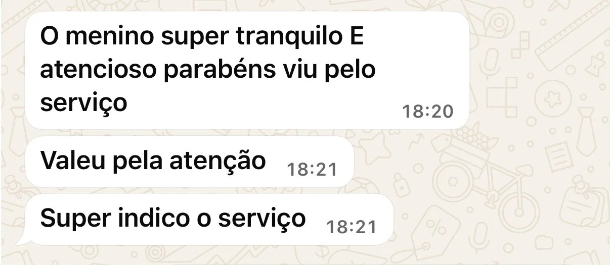 Print de WhatsApp de cliente elogiando o atendimento e passeio com Carlos